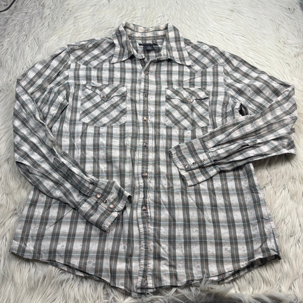 Vintage Y2K Calvin Klein Jeans Men's L Floral Plaid Pearl Snap Western Shirt